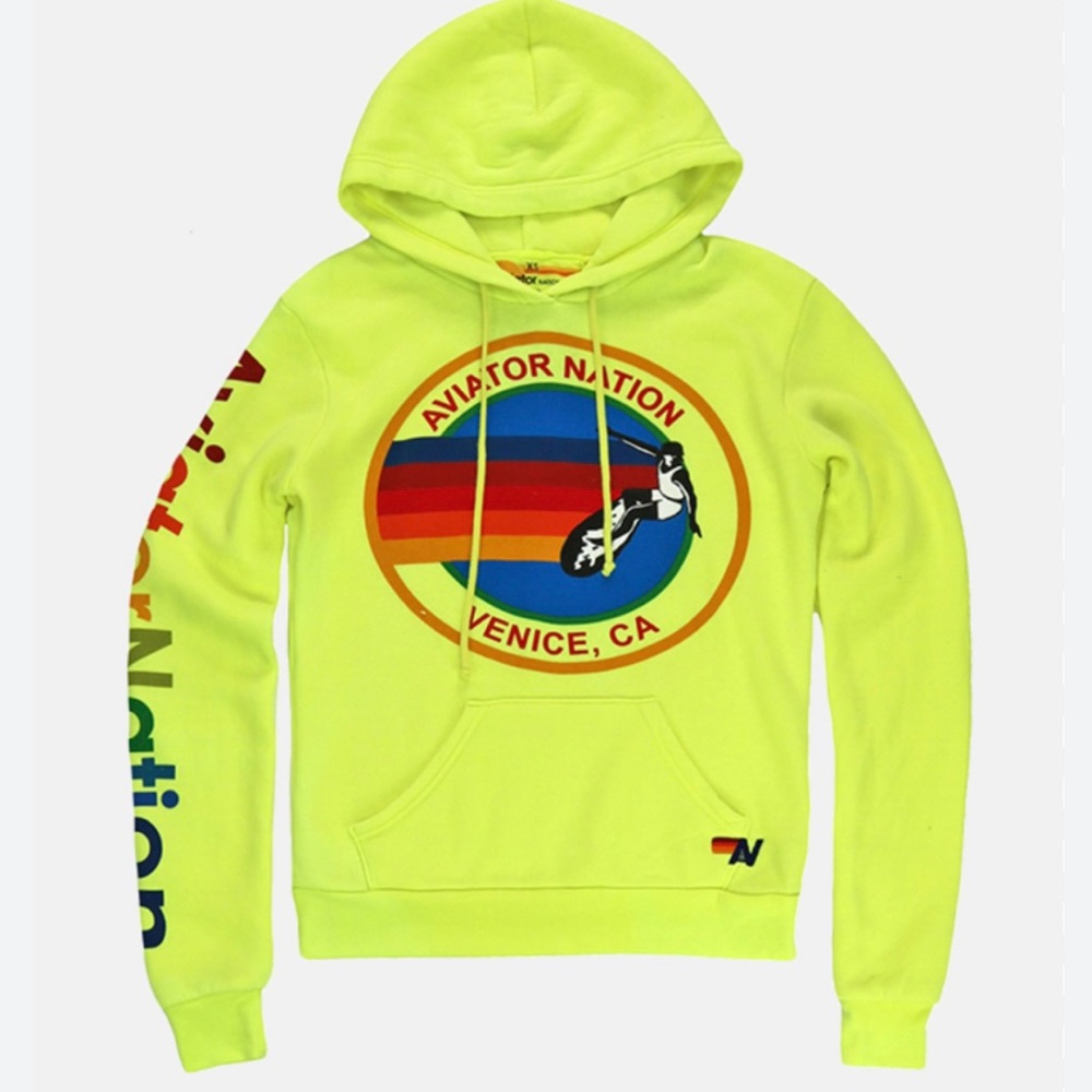 ✨AVIATOR NATION Venice California Relaxed Pullover Hoodie Neon Yellow Size Small